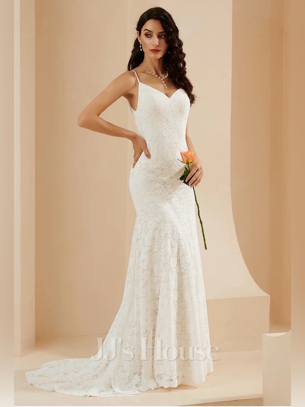 NWT JJs House Ivory Lace Spaghetti Strap Mermaid Wedding Gown size 8